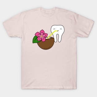 Cute Molar drinking coconut water illustration - for Dentists, Hygienists, Dental Assistants, Dental Students and anyone who loves teeth by Happimola T-Shirt